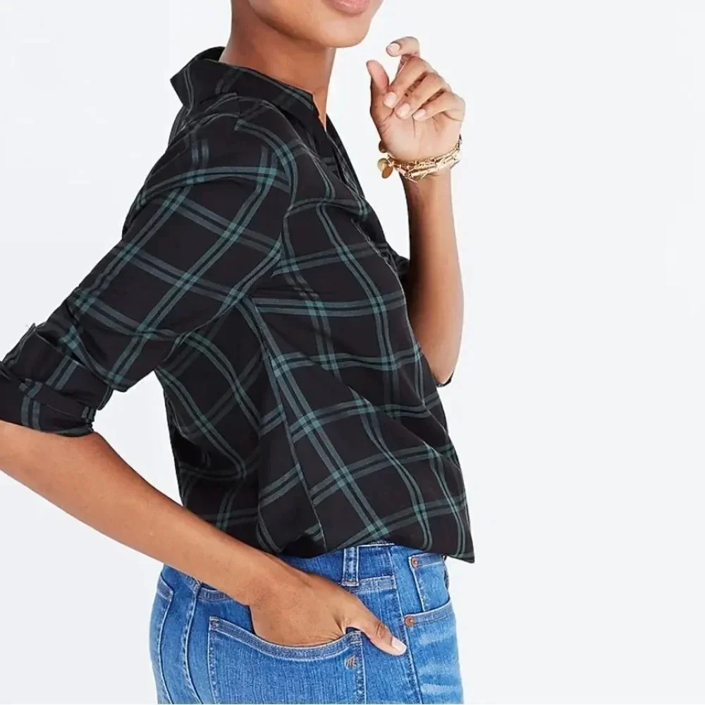 Madewell Wrap-Front Shirt in Palma Plaid Long sleeved Navy & green Size XS - Picture 2 of 11